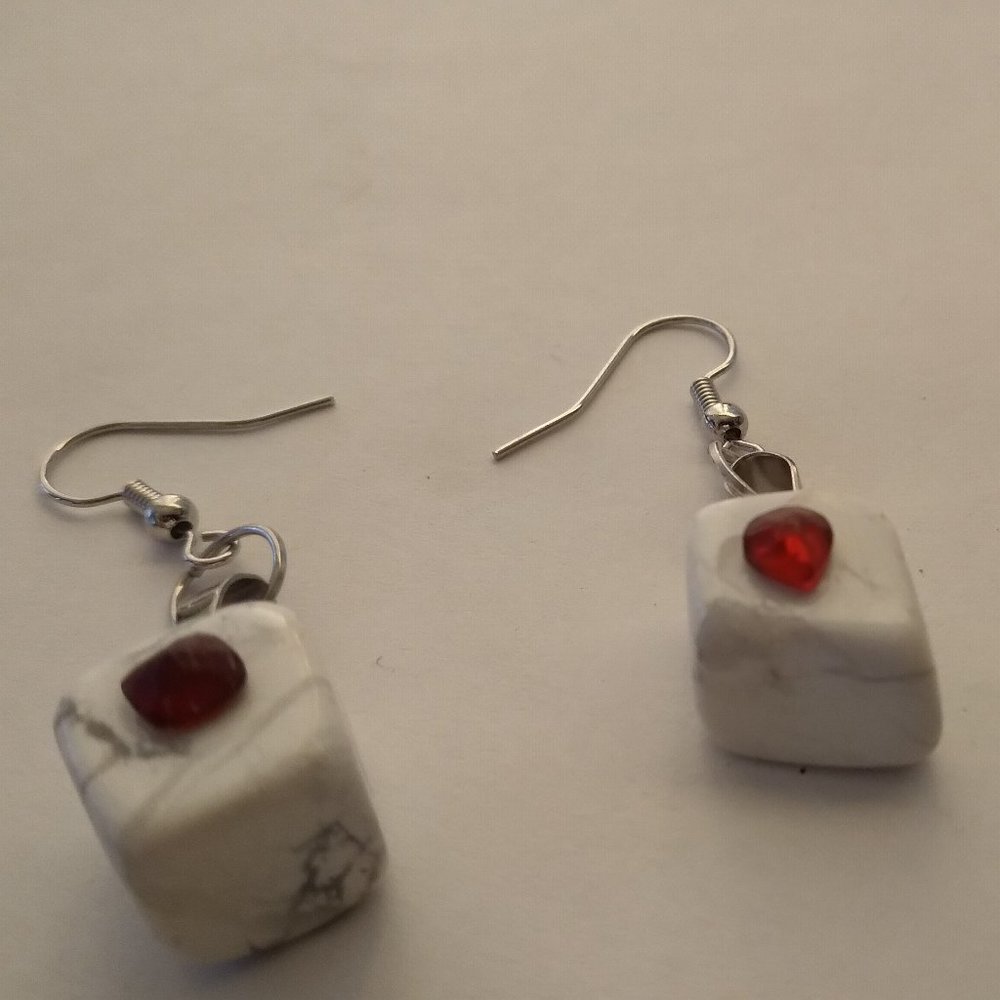 White Mystic healing simulated marbled gem with red garnet earrings